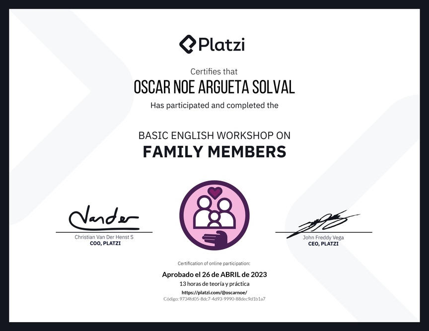 Diploma del Curso de Inglés Práctico sobre los Miembros de la Familia