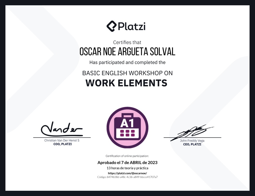 Diploma del Curso de Inglés Práctico sobre Elementos de Trabajo