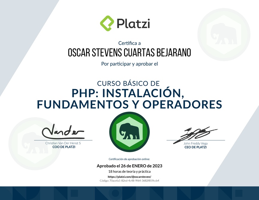 Diploma del Curso Básico de PHP: Instalación, Fundamentos y Operadores