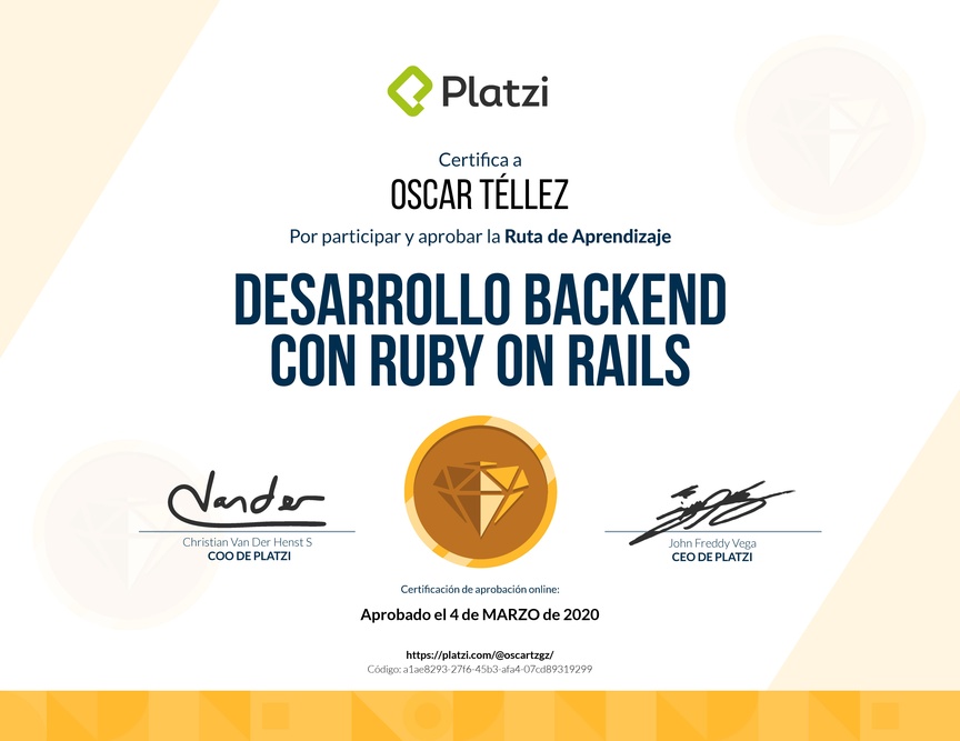 Diploma de la Ruta de Aprendizaje de Desarrollo Web Backend con Ruby on Rails