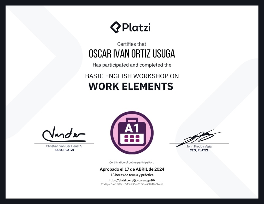 Diploma del Curso de Inglés Práctico sobre Elementos de Trabajo