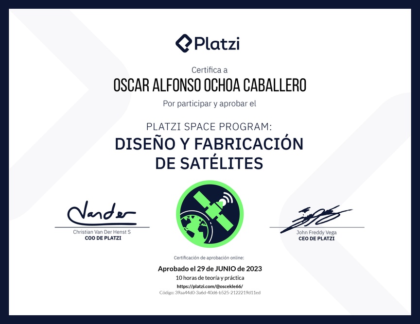 Diploma de Platzi Space Program: Diseño y Fabricación de Nuestro Satélite