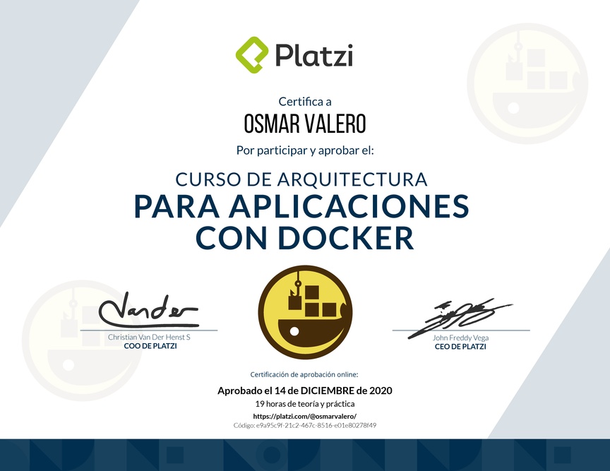 Diploma del Curso de Arquitectura de Aplicaciones con Docker 2018