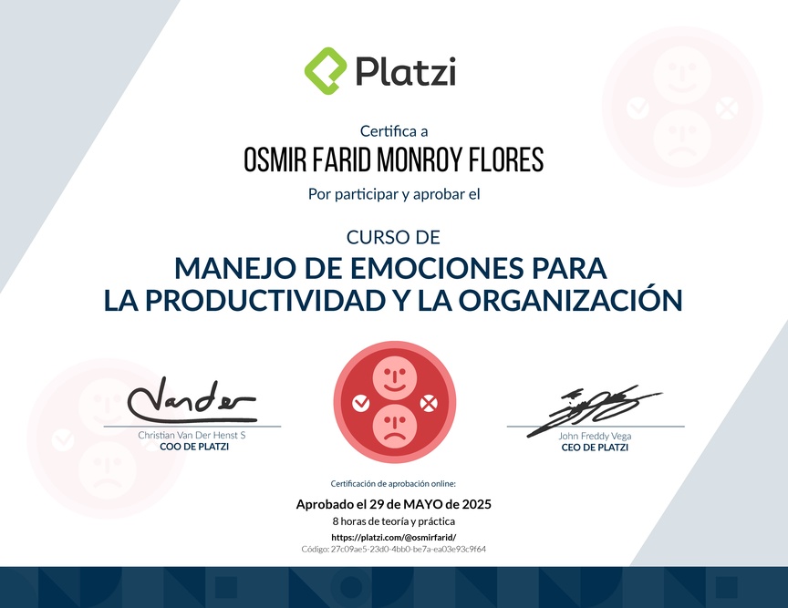 Diploma del Curso de Manejo de Emociones para la Productividad y la Organización