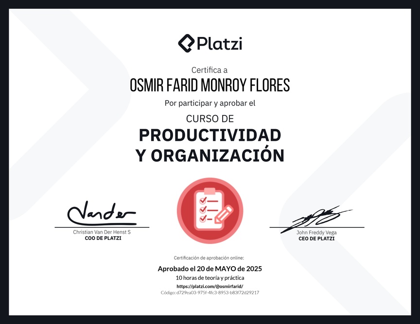 Diploma del Curso de Productividad y Organización