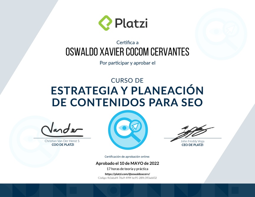 Diploma del Curso de Estrategia y Planeación de Contenidos para SEO (2020)