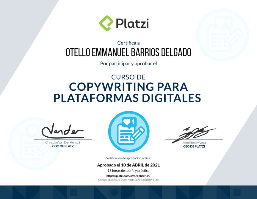 Diploma del Curso de Copywriting para Plataformas Digitales
