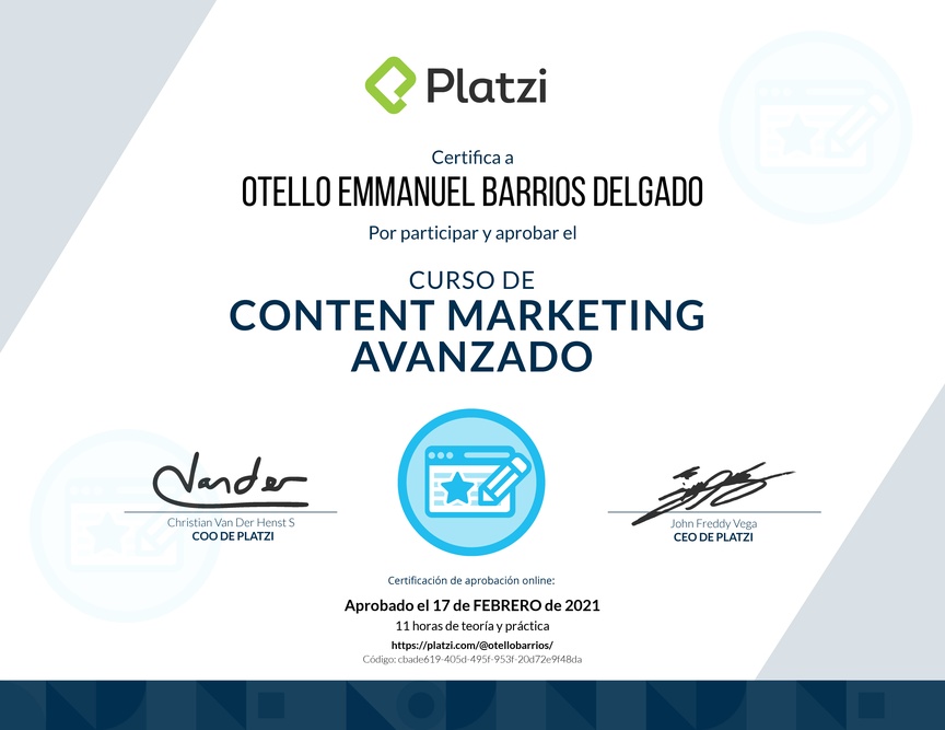 Diploma del Curso de Desarrollo de Estrategias de Content Marketing
