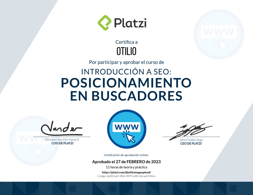Diploma del Curso de Introducción a SEO: Posicionamiento en Buscadores