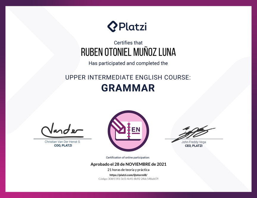 Diploma del Curso Intermedio Alto de Gramática en Inglés (2020)
