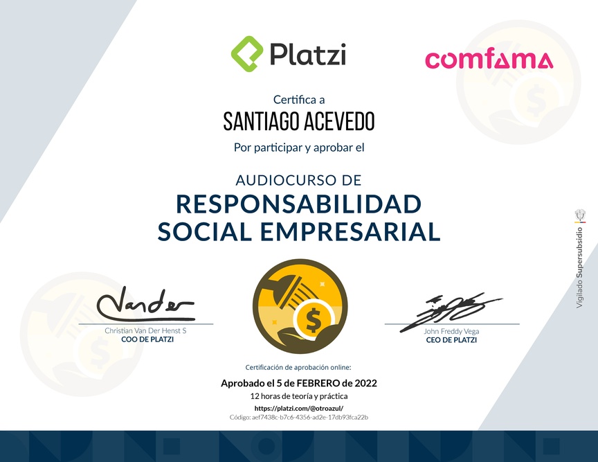 Diploma de Audiocurso de Responsabilidad Social Empresarial