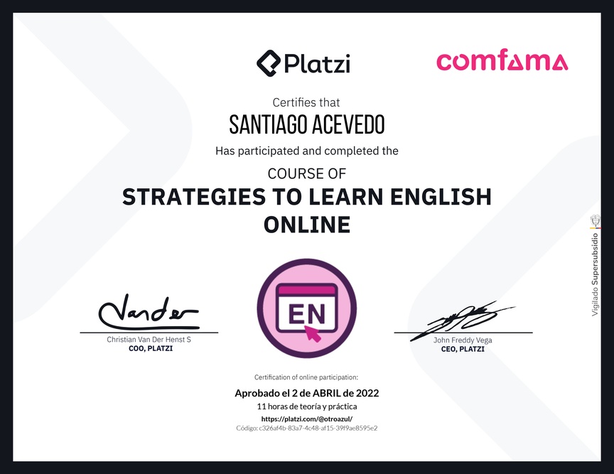 Diploma del Curso Gratis de Estrategias para Aprender Inglés en Línea