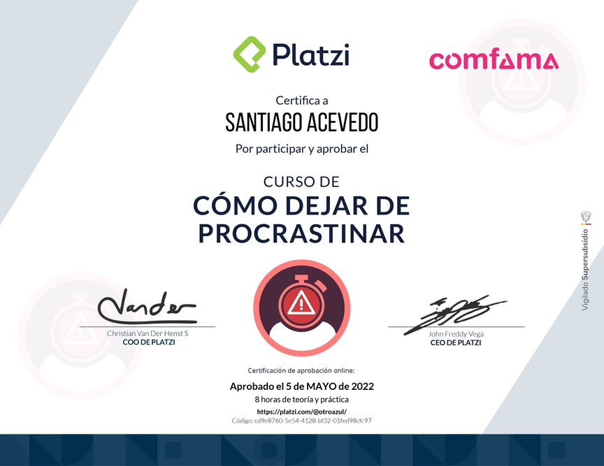 Diploma del Curso de Cómo Dejar de Procrastinar