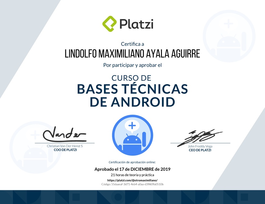 Diploma del Curso de Bases Técnicas de Android