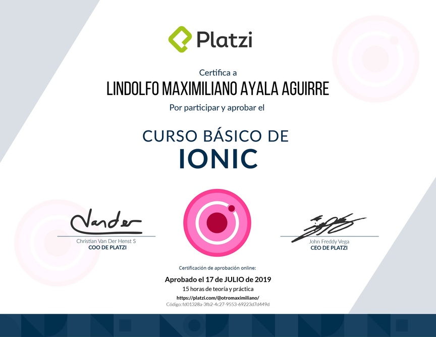 Diploma del Curso Básico de Ionic 2018