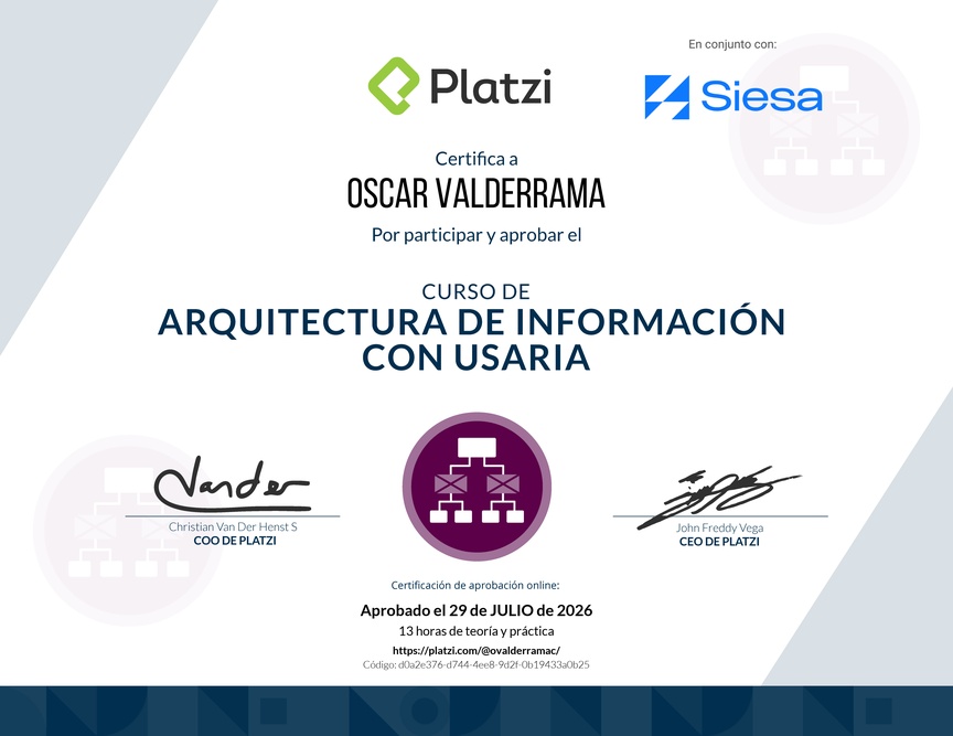 Diploma del Curso de Arquitectura de Información con Usaria
