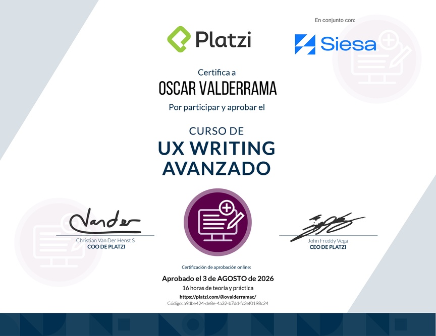 Diploma del Curso de UX Writing Avanzado
