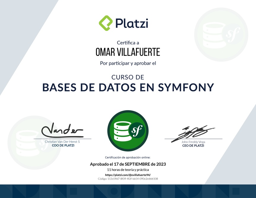 Diploma del Curso de Bases de Datos en Symfony