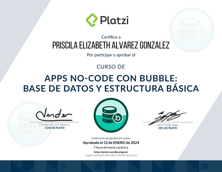 Diploma del Curso de Apps No-code con Bubble: Base de Datos y Estructura Básica
