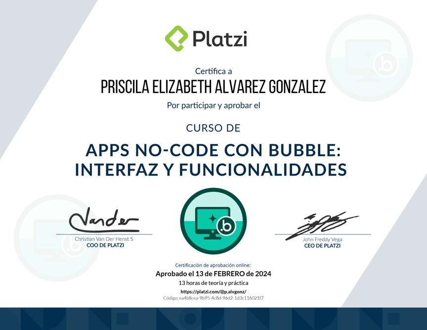 Diploma del Curso de Apps No-code con Bubble: Interfaz y Funcionalidades