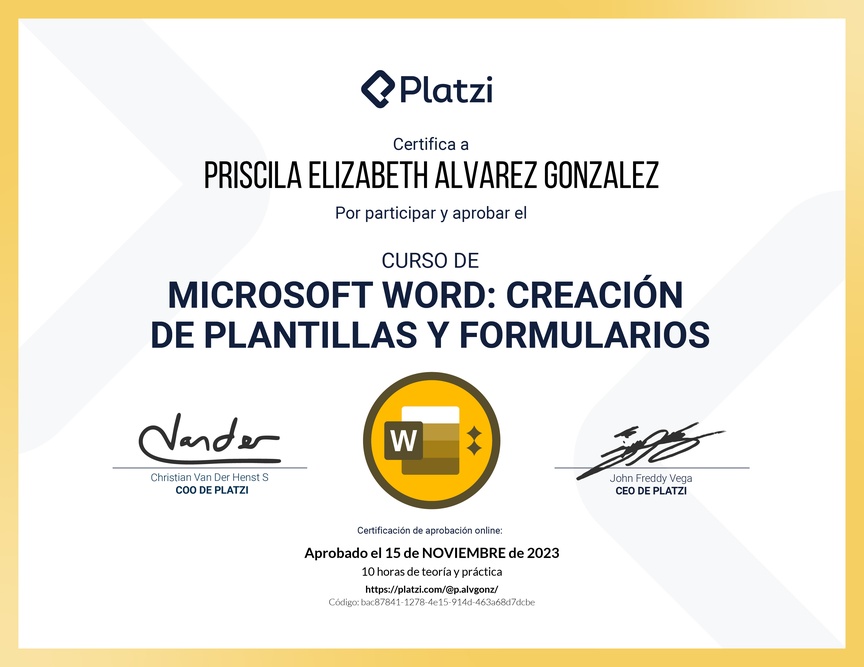 Diploma del Curso de Microsoft Word: Diseño de Plantillas y Creación de Formularios