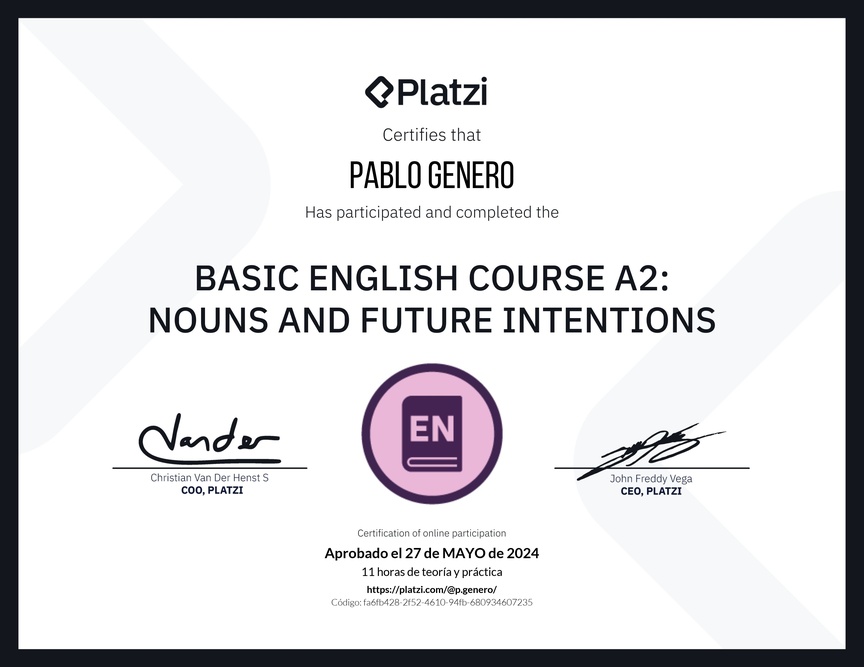 Diploma del Curso de Inglés Básico A2: Sustantivos e Intenciones Futuras