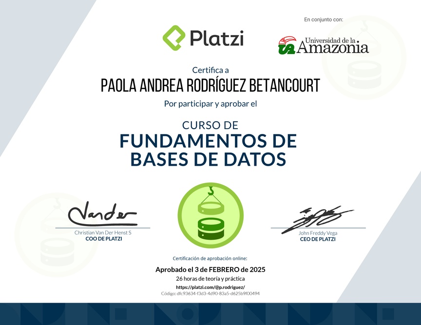 Diploma del Curso de Fundamentos de Bases de Datos 2019