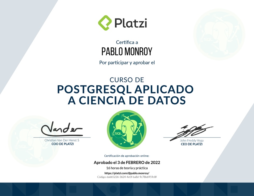Diploma del Curso de PostgreSQL Aplicado a Ciencia de Datos