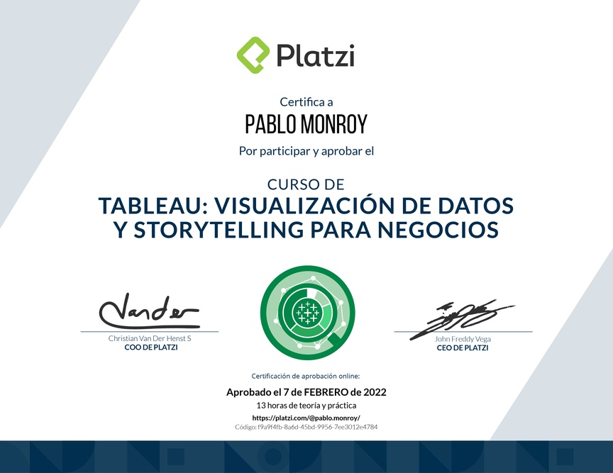 Diploma del Curso de Tableau: Visualización de Datos y Storytelling para Negocios