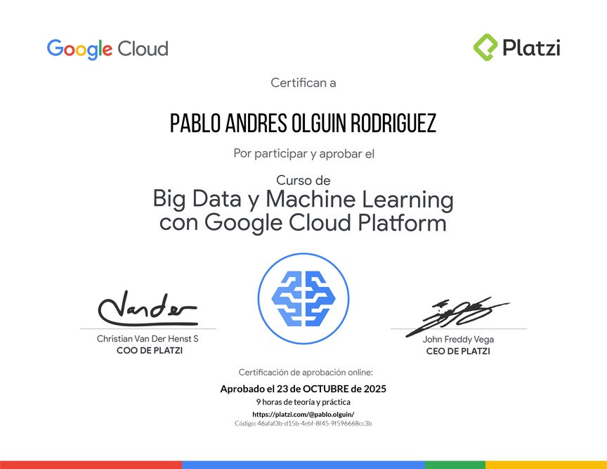 Diploma del Curso de Big Data y Machine Learning con Google Cloud Platform