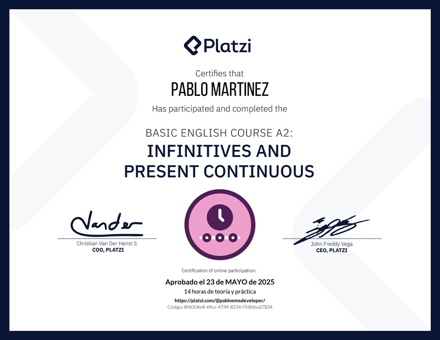 Diploma del Curso de Inglés Básico A2: Infinitivos y Presente Continuo