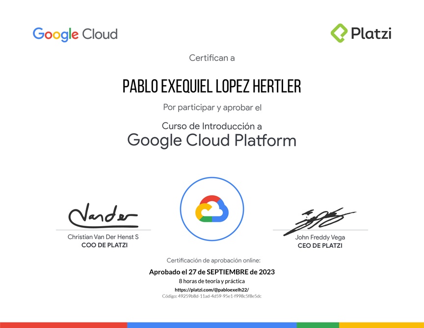 Diploma del Curso de Introducción a Google Cloud Platform