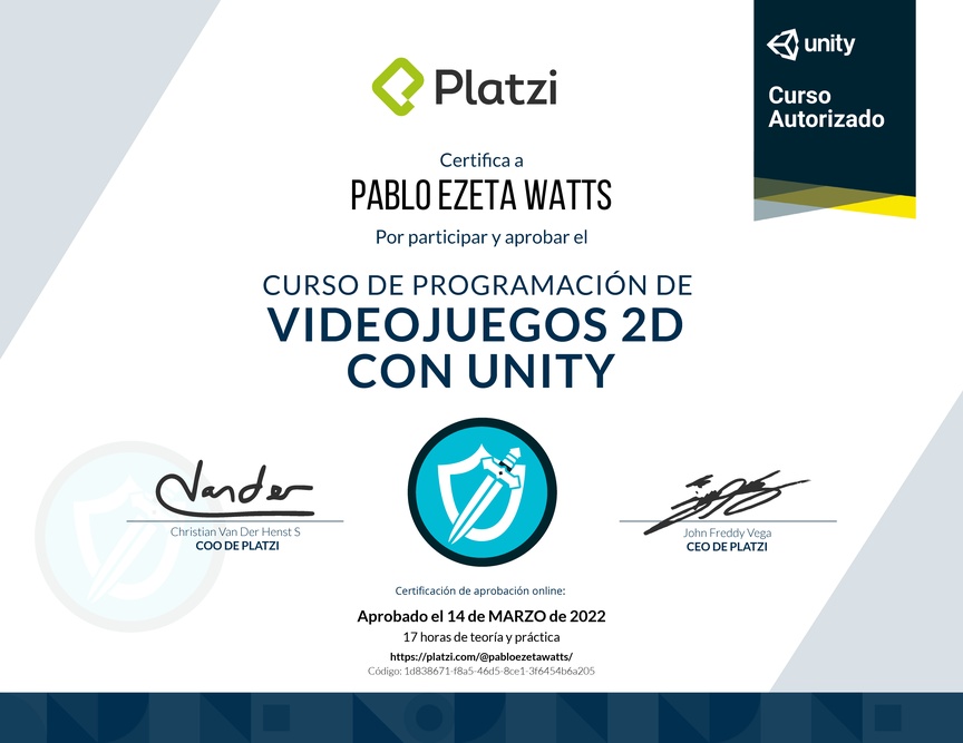 Diploma del Curso de Programación de Videojuegos 2D con Unity