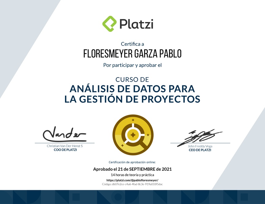 Diploma del Curso de Análisis de Datos para la Gestión de Proyectos