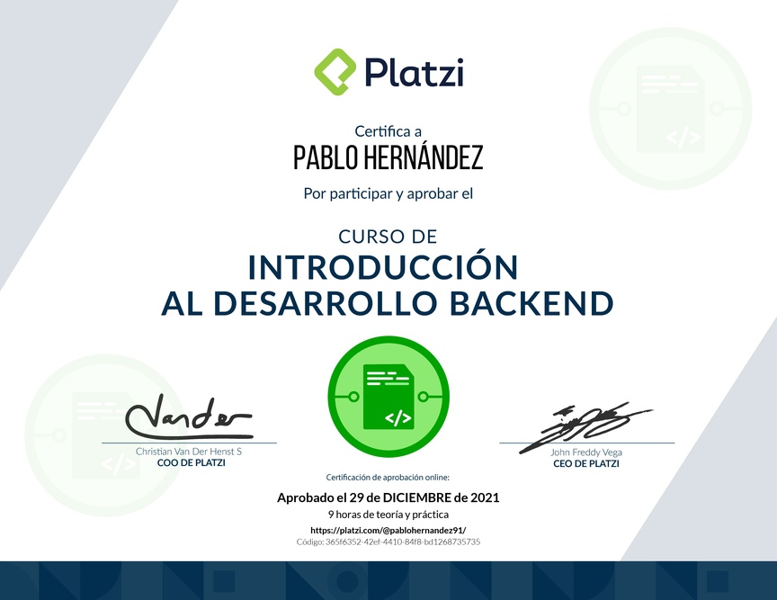 Diploma del Curso de Introducción al Desarrollo Backend