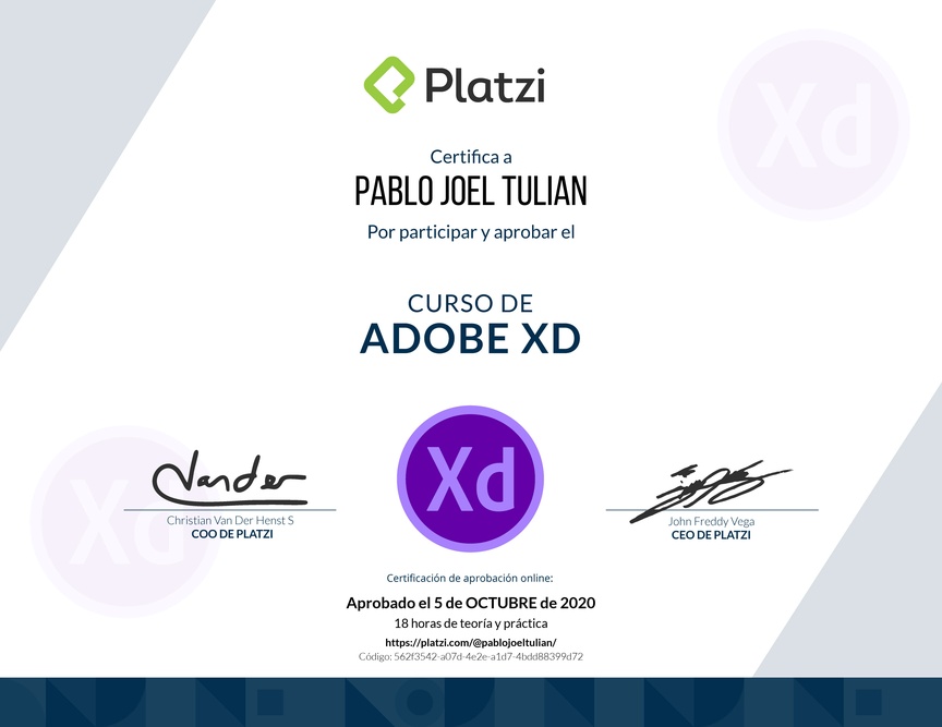Diploma del Curso de Adobe XD 2019