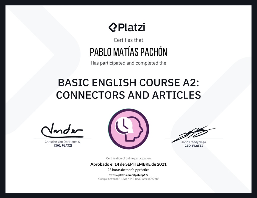 Diploma del Curso de Inglés Básico A2: Conectores y Artículos