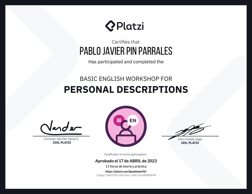 Diploma del Curso de Inglés Práctico para Descripciones Personales (2020=