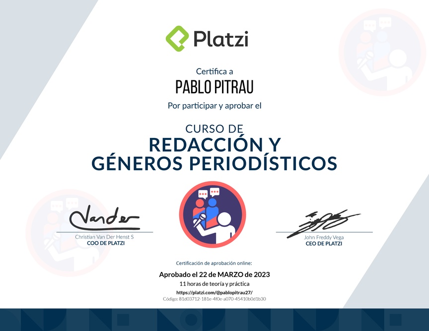 Diploma del Curso de Redacción y Géneros Periodísticos