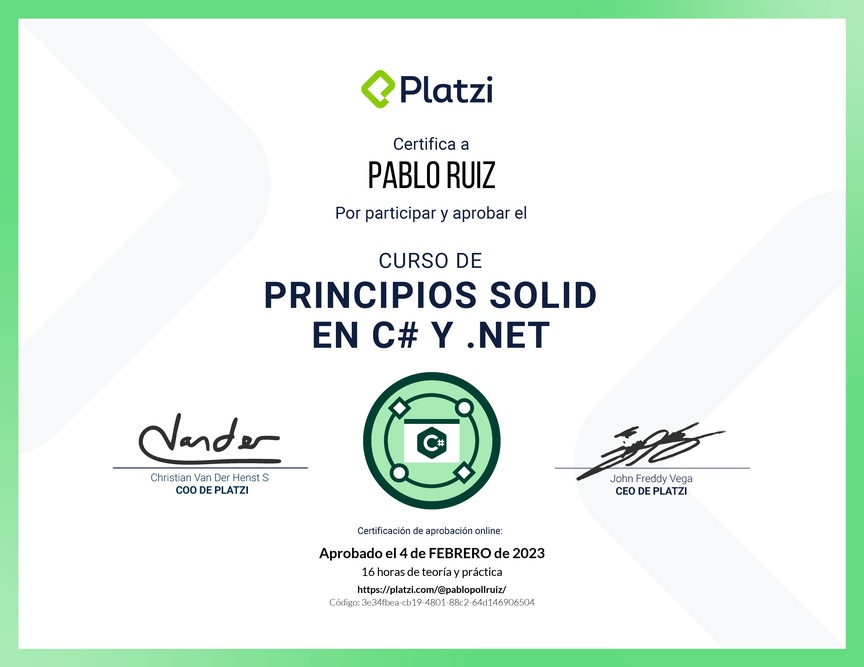 Diploma del Curso de Principios SOLID en C# y .NET