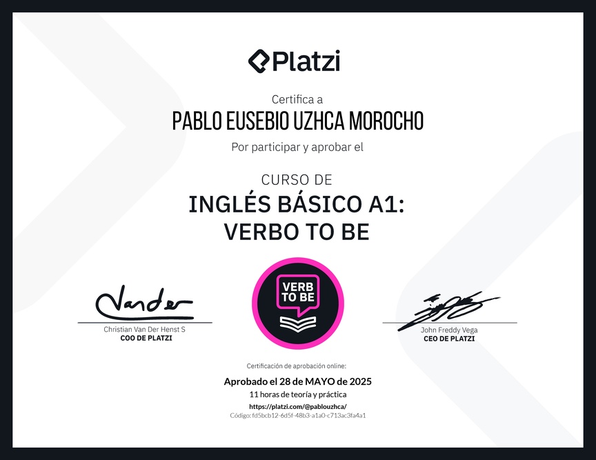 Diploma del Curso de Inglés Básico A1: Verbo To Be