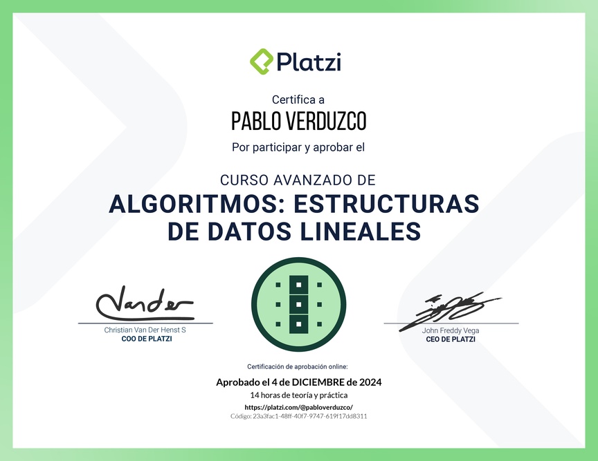Diploma del Curso de Algoritmos Avanzados: Estructuras de Datos Lineales