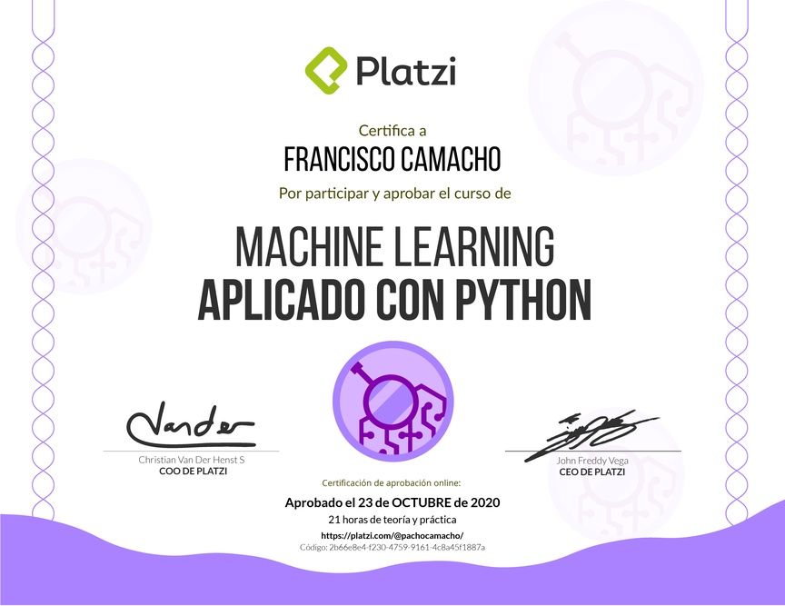 Diploma del Curso de Machine Learning Aplicado con Python