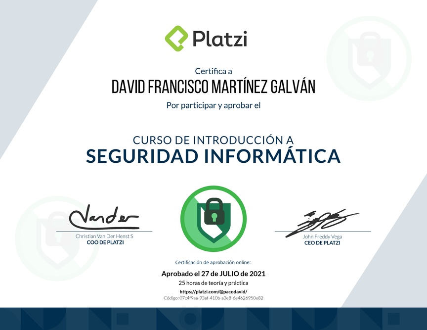 Diploma del Curso de Introducción a la Seguridad Informática