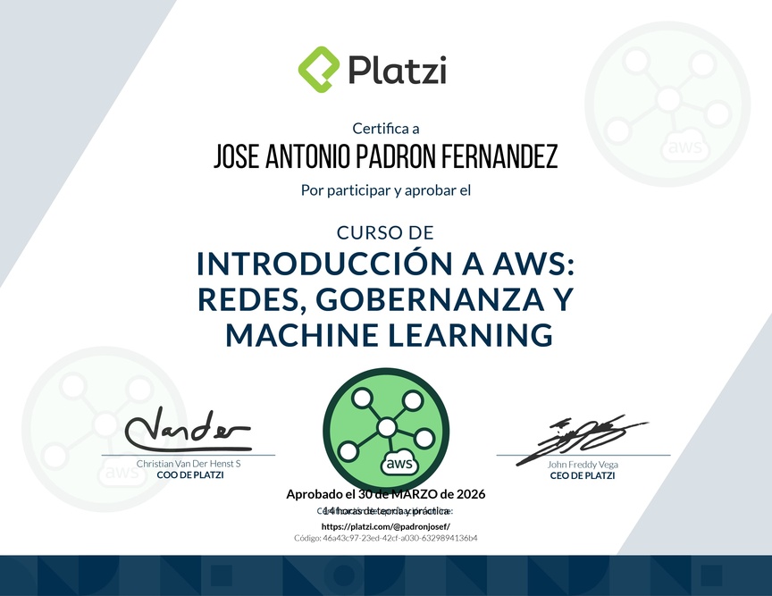 Diploma del Curso de Introducción a AWS: Redes, Gobernanza y Machine Learning