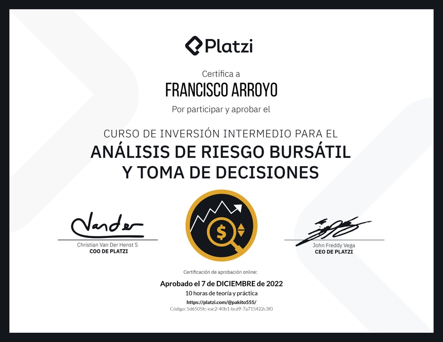 Diploma del Curso de Inversión Intermedio para el Análisis de Riesgo Bursátil y Toma de Decisiones