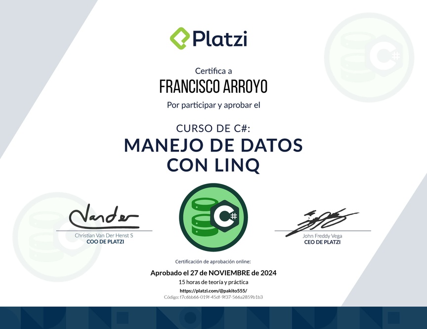 Diploma del Curso de Manejo de Datos en C# con LINQ