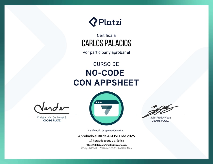 Diploma del Curso de No-Code con Appsheet