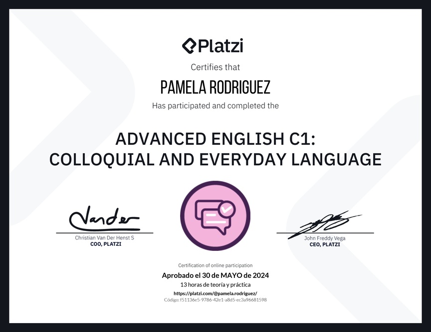 Diploma del Curso de Inglés Avanzado C1: Lenguaje Coloquial y Habitual