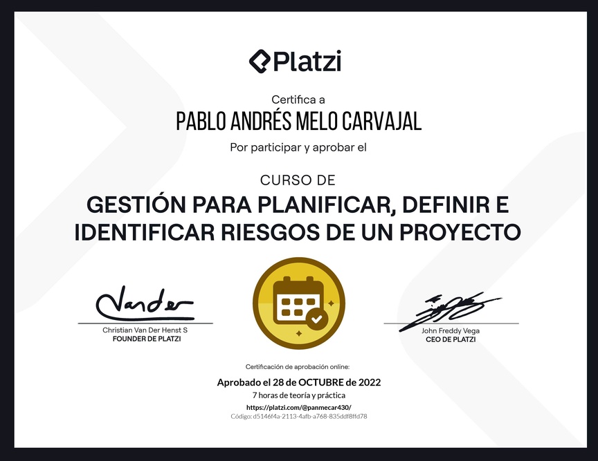 Diploma del Curso de Gestión para Planificar, Definir e Identificar Riesgos de un Proyecto